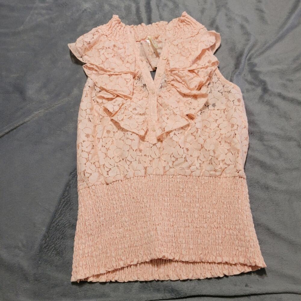 Yahada Shirt Womens Small Pink Halter TOP Lace Sheer Smocked Button Front Blouse